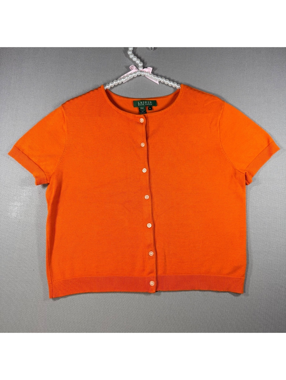 Lauren Ralph Lauren VTG Silk Knit Cardigan Orange Short Sleeve Button Up Top M